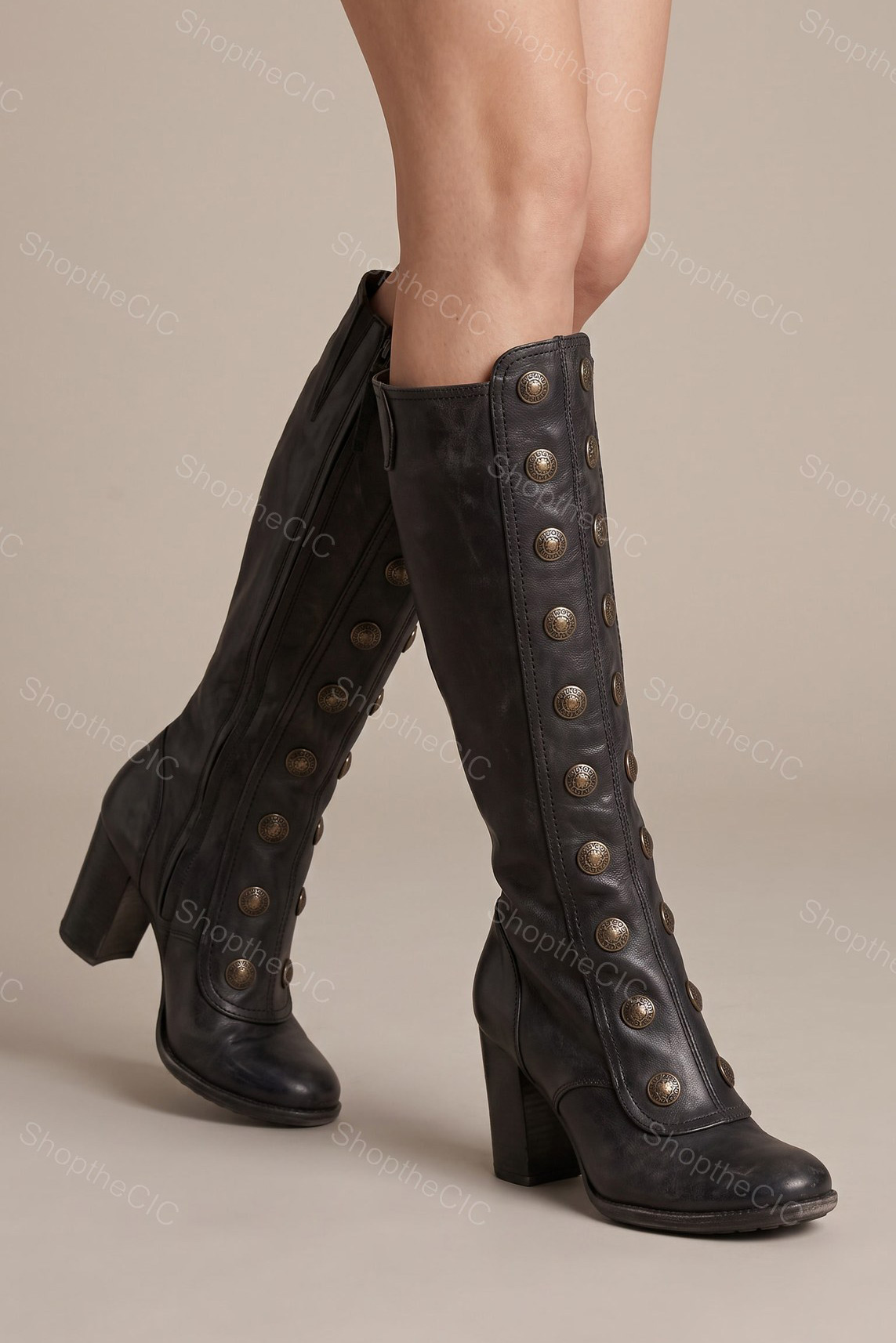 Vintage Button-Front Block Heel Knee Boots