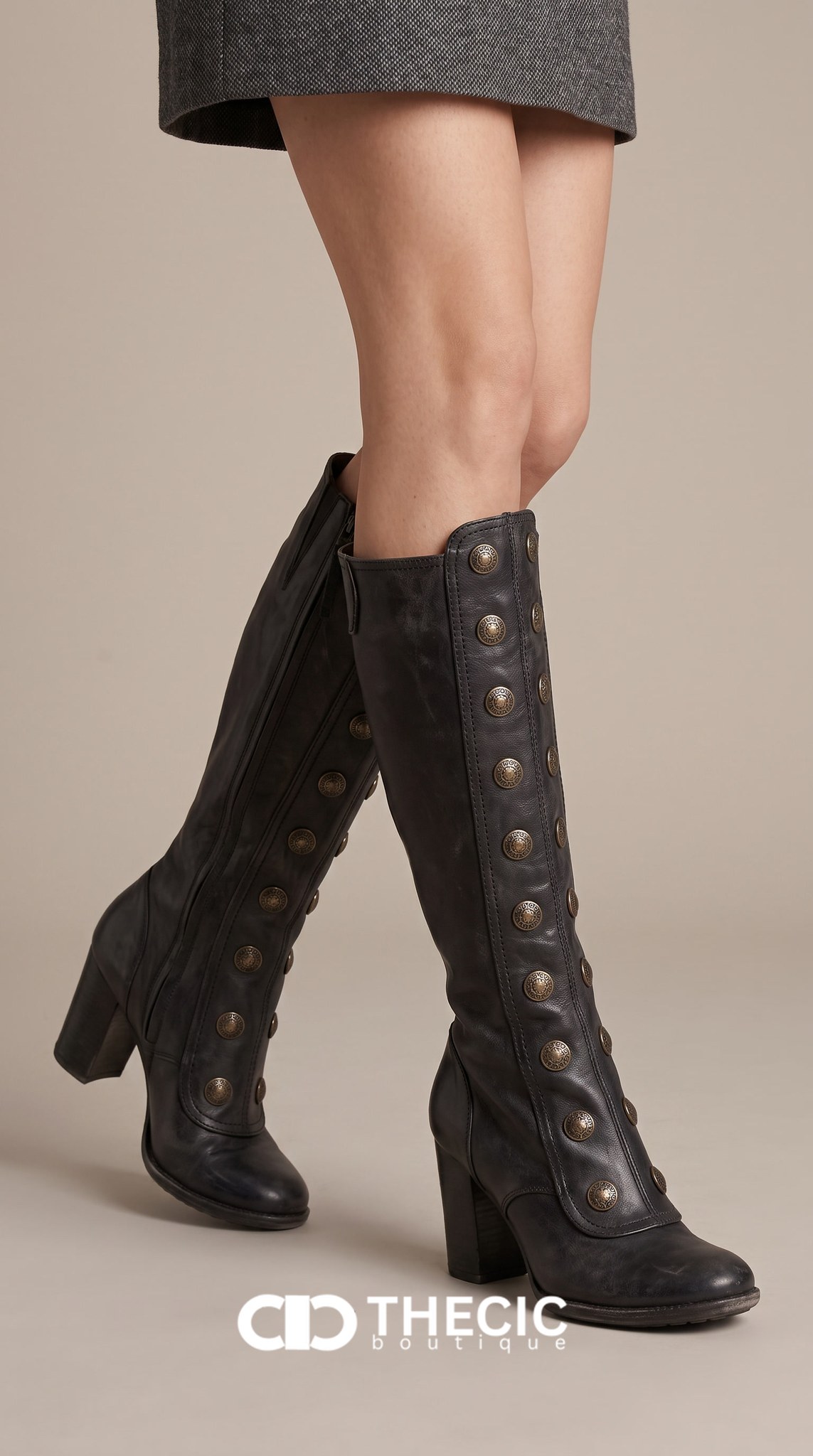 Vintage Button-Front Block Heel Knee Boots