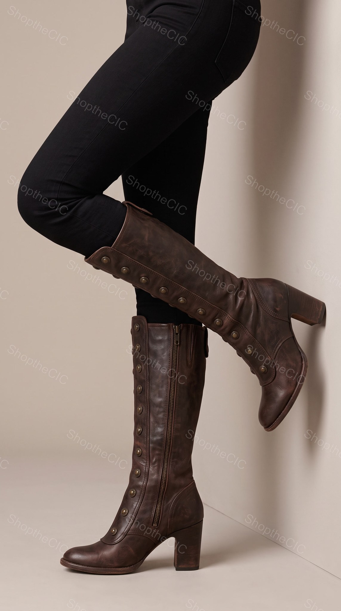 Vintage Button-Front Block Heel Knee Boots