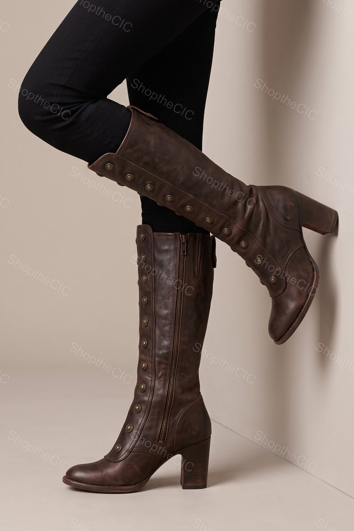 Vintage Button-Front Block Heel Knee Boots