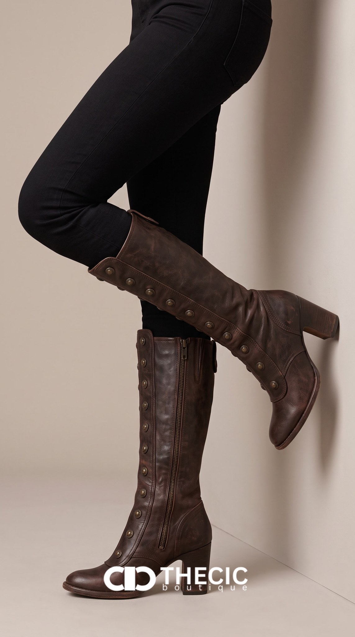 Vintage Button-Front Block Heel Knee Boots
