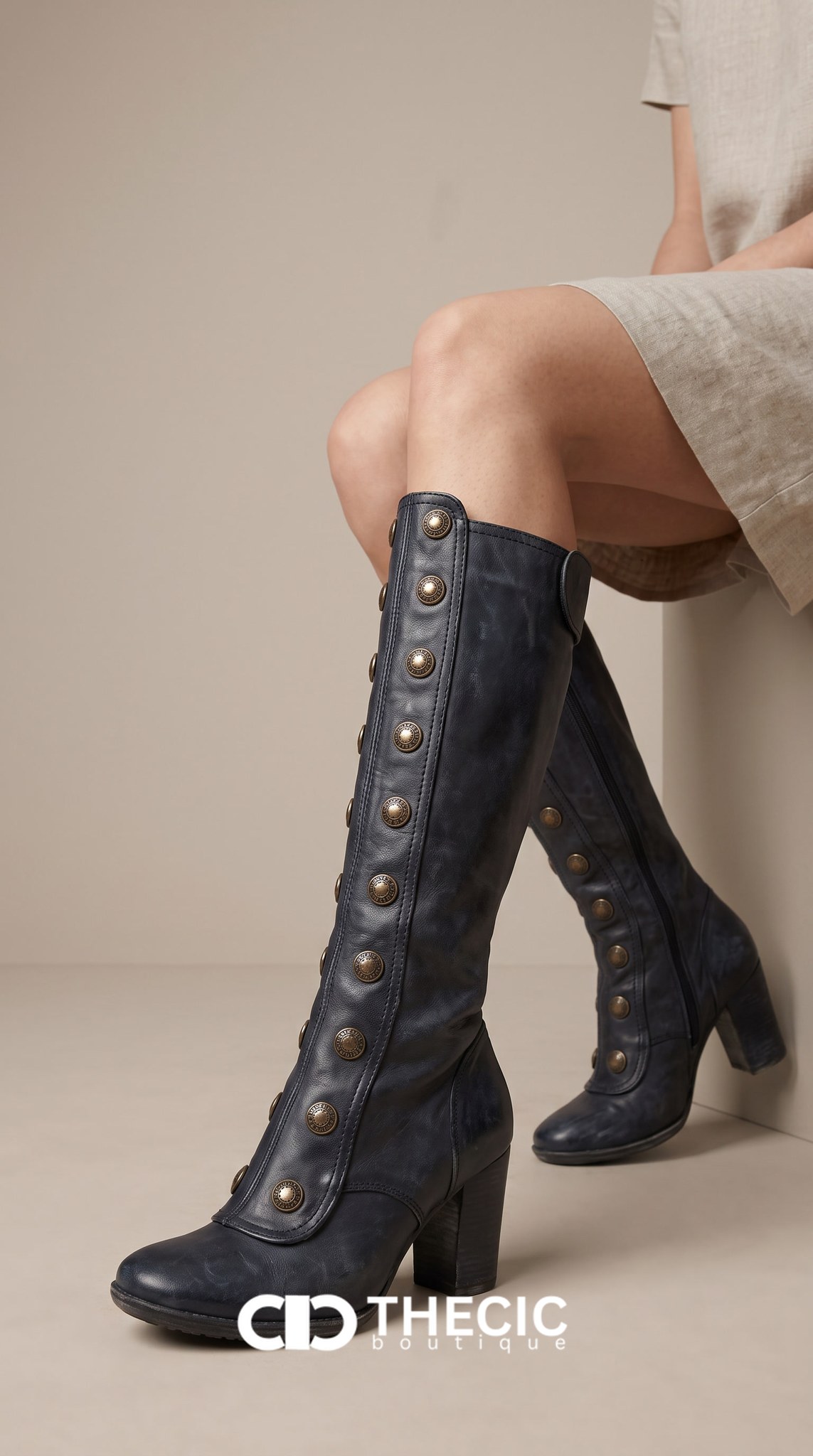 Vintage Button-Front Block Heel Knee Boots
