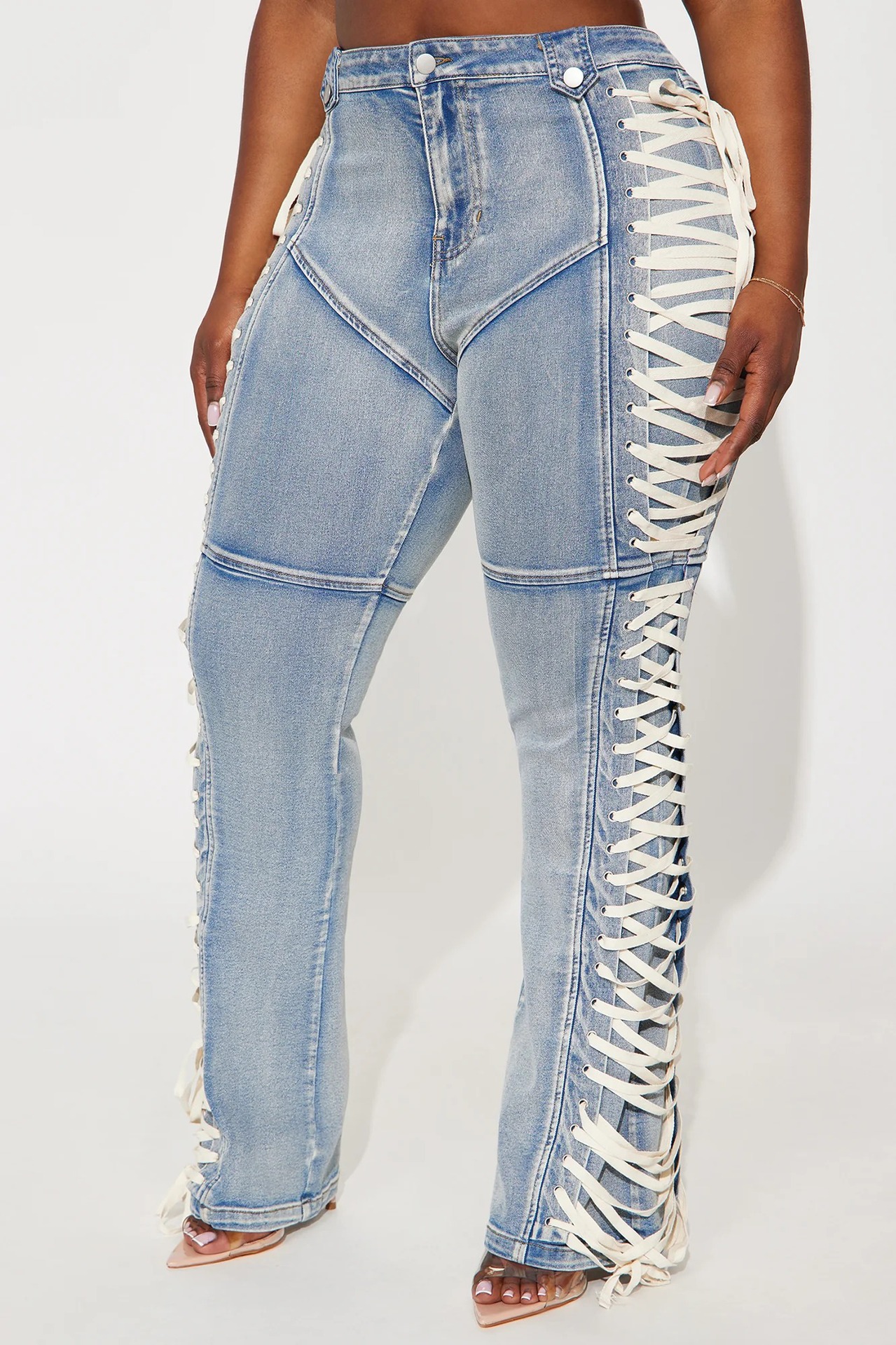 Vintage Wash Side Lace-Up Flared Jeans