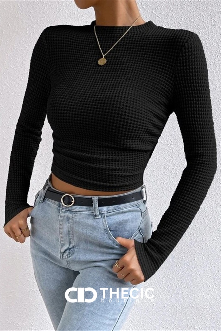 Waffle Knit Long Sleeve Crop Top