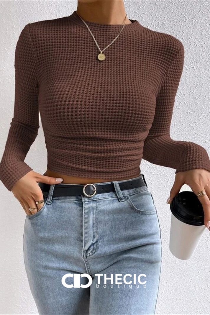 Waffle Knit Long Sleeve Crop Top