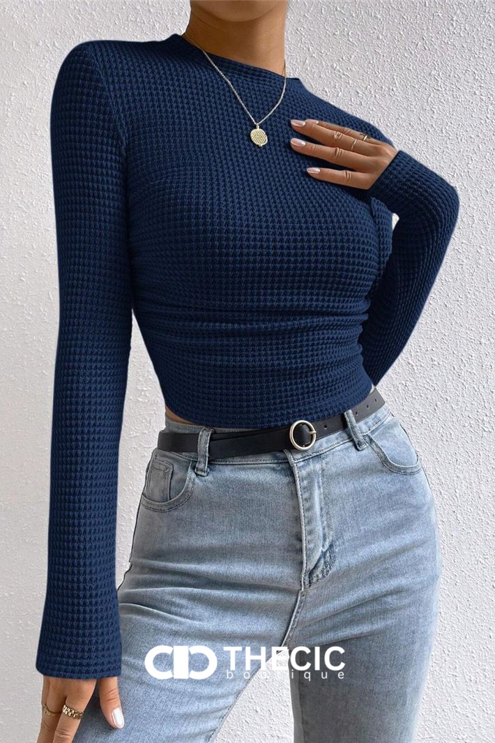 Waffle Knit Long Sleeve Crop Top