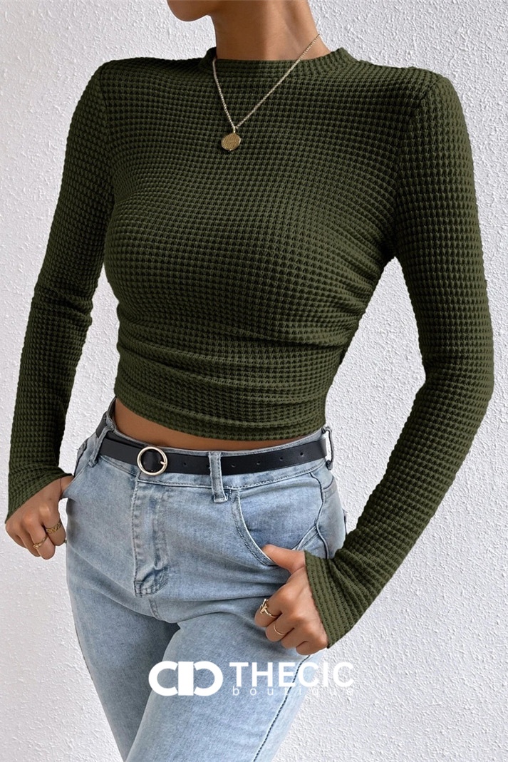 Waffle Knit Long Sleeve Crop Top