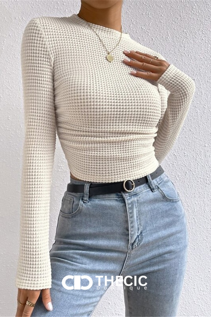 Waffle Knit Long Sleeve Crop Top