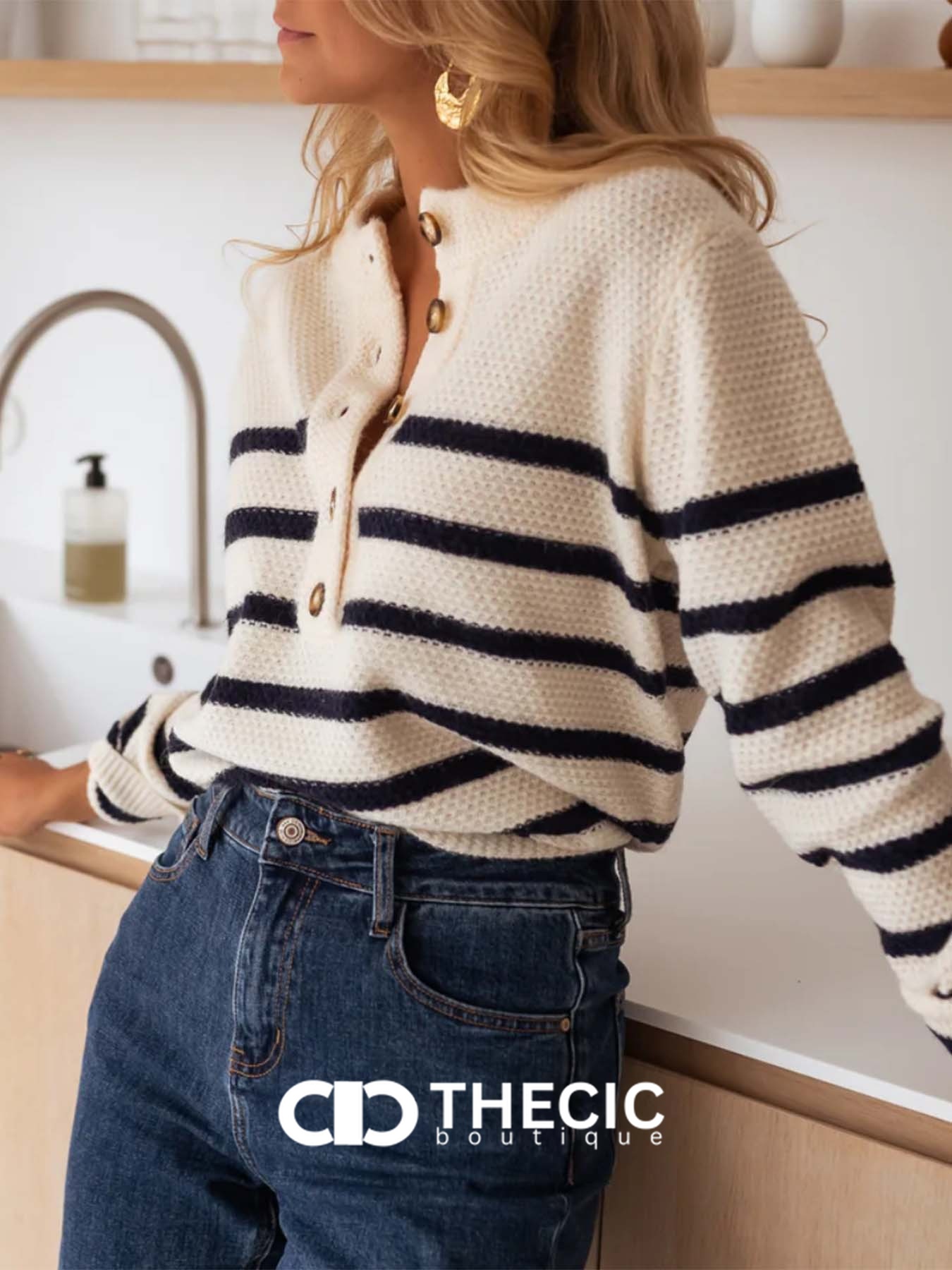 Waffle Knit Striped Button-Front Henley Sweater