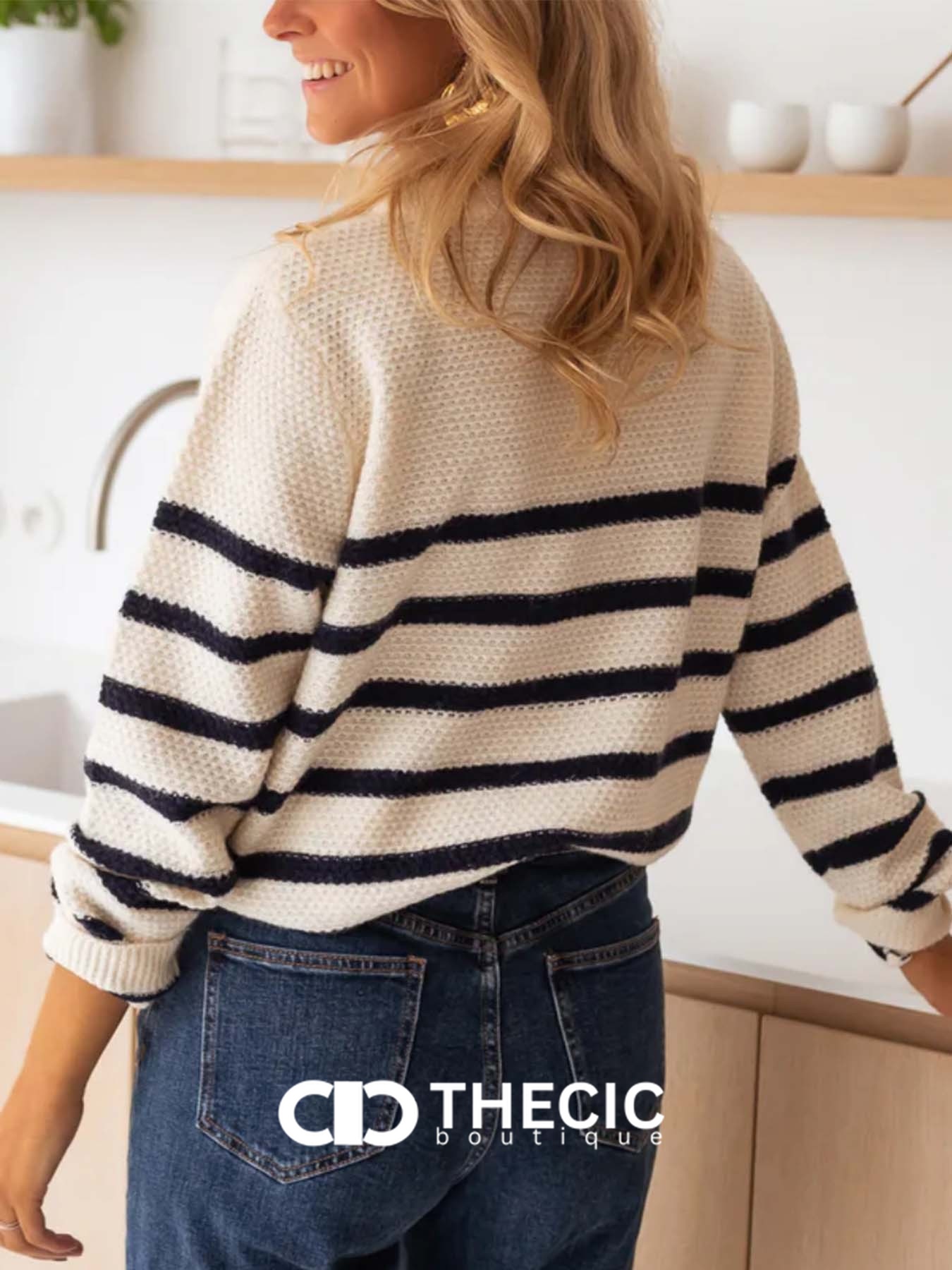 Waffle Knit Striped Button-Front Henley Sweater