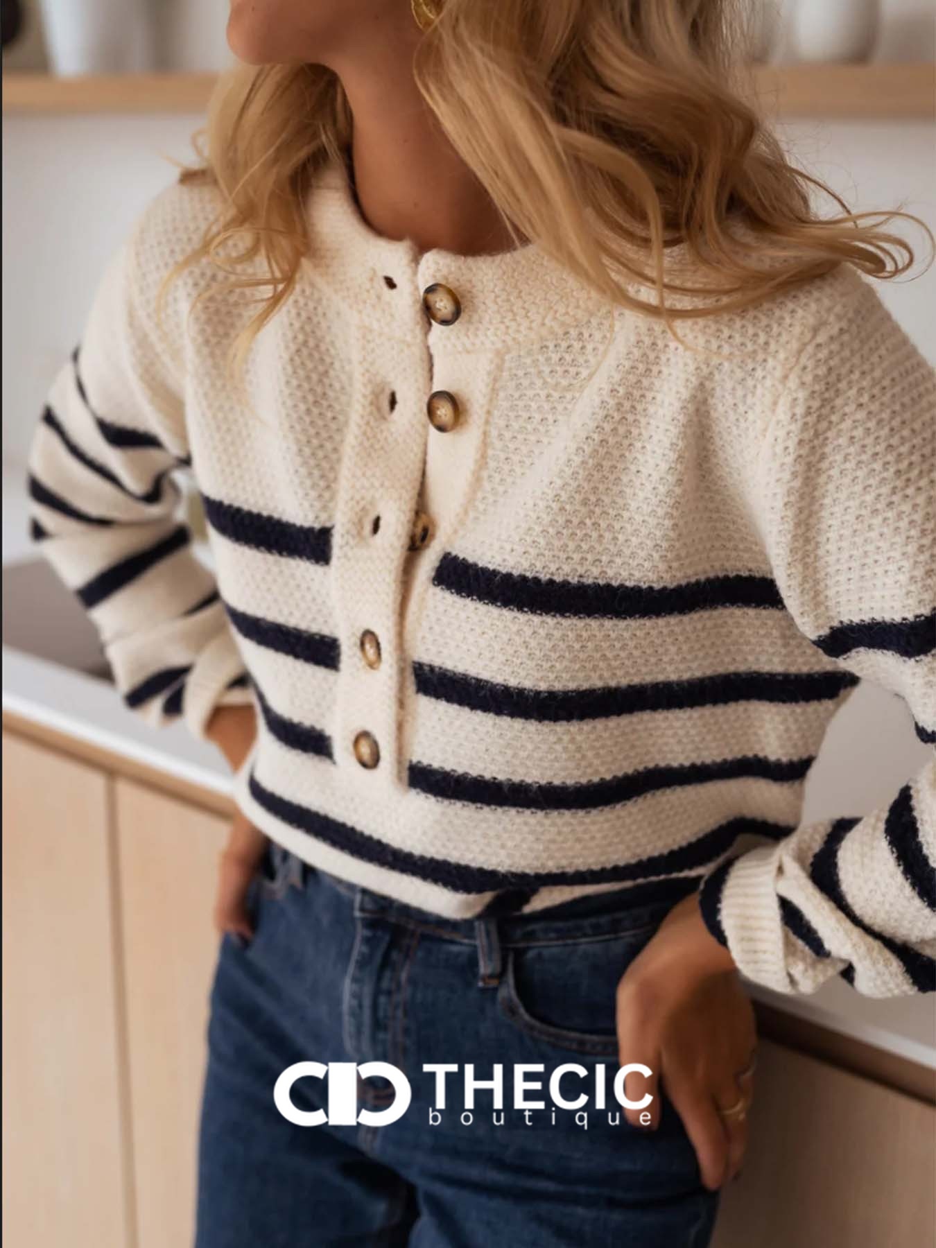Waffle Knit Striped Button-Front Henley Sweater