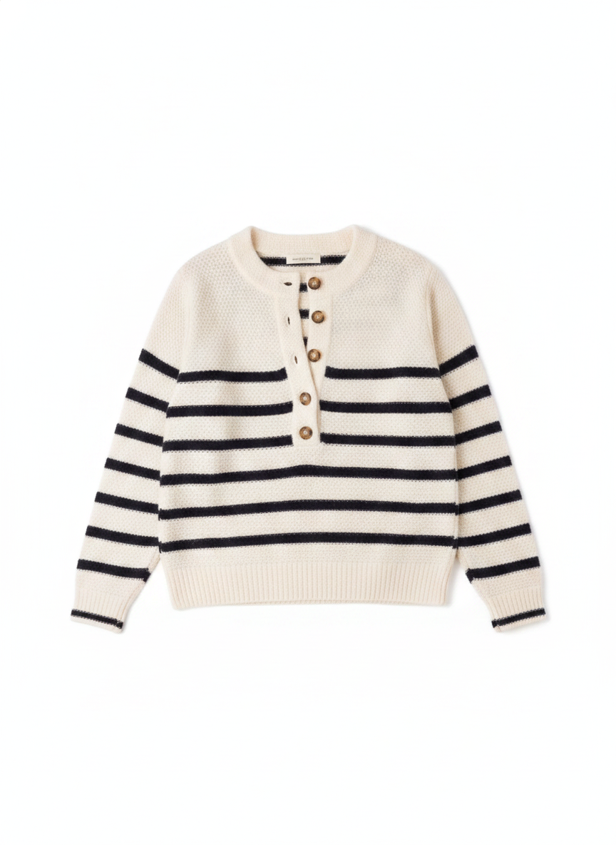 Waffle Knit Striped Button-Front Henley Sweater