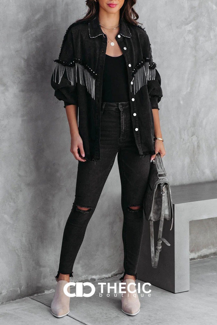Washed Black Fringe Studded Oversized Jacket