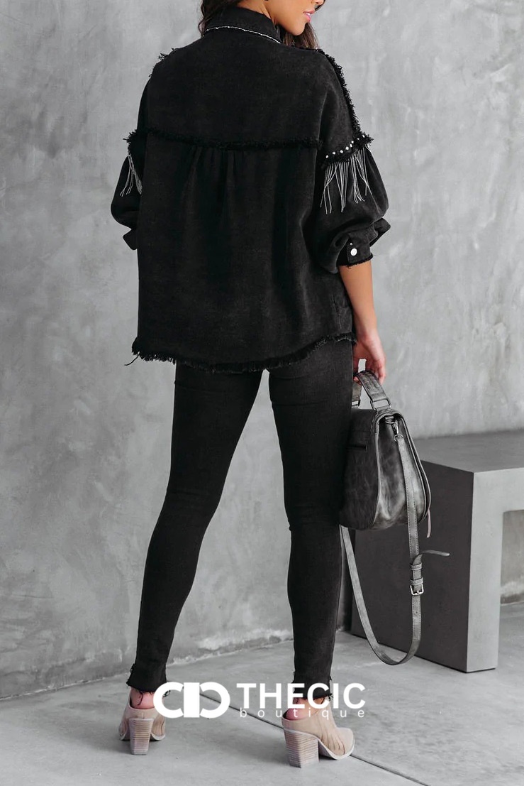 Washed Black Fringe Studded Oversized Jacket