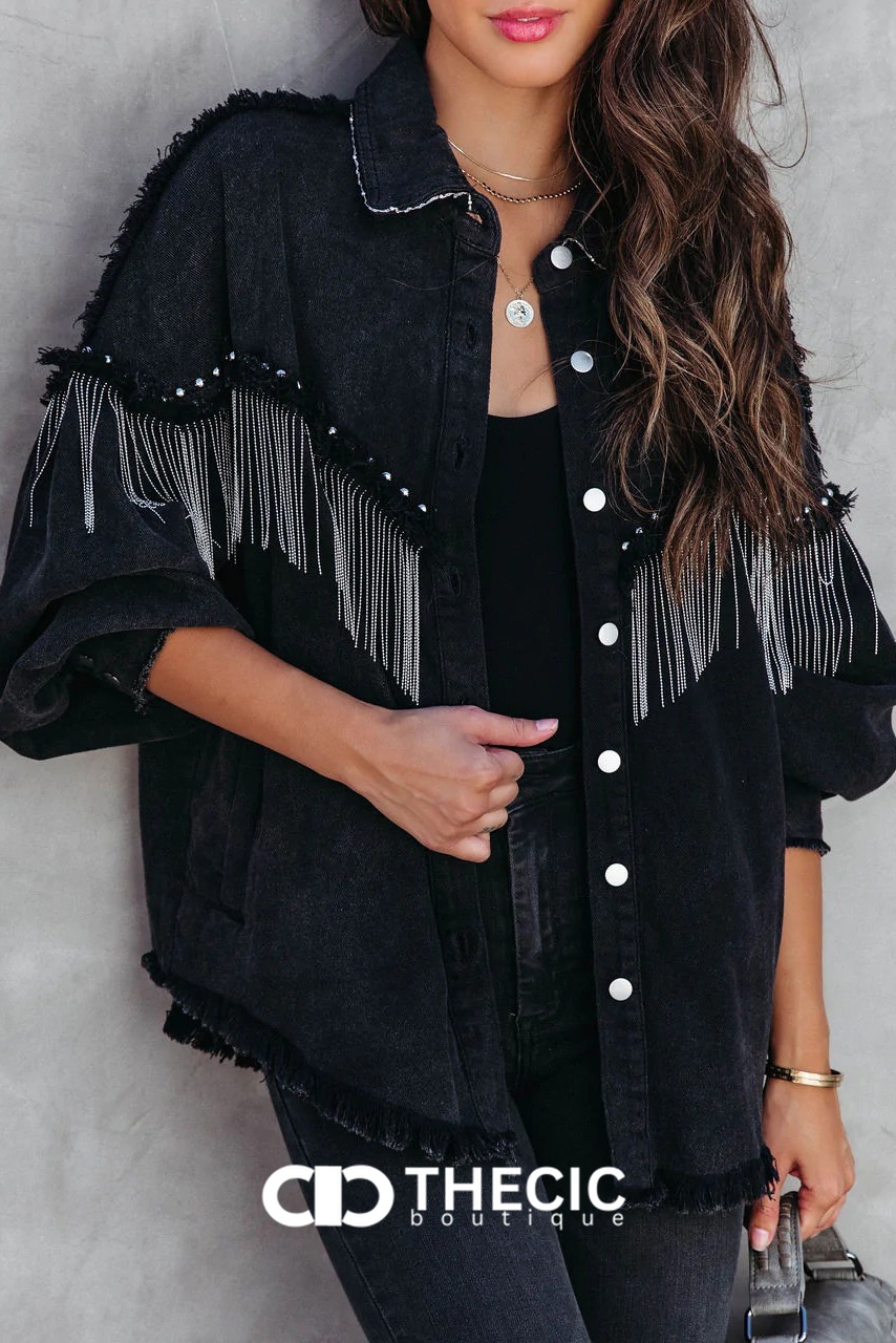 Washed Black Fringe Studded Oversized Jacket