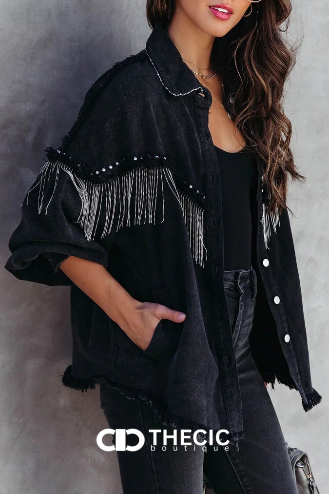 Washed Black Fringe Studded Oversized Jacket