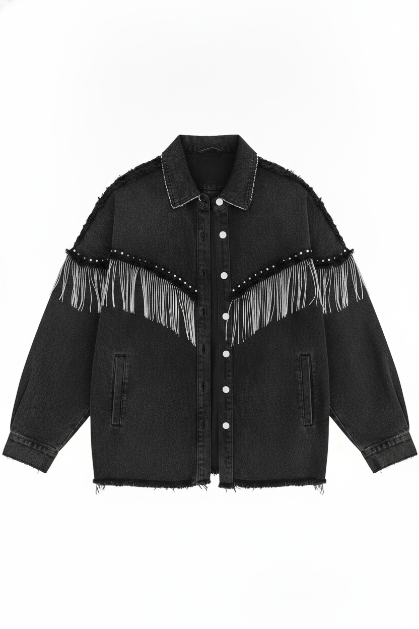 Washed Black Fringe Studded Oversized Jacket