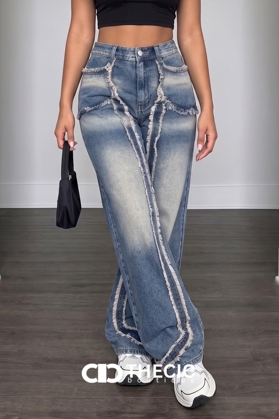 Washed Denim Distressed Seam Wide-Leg Jeans