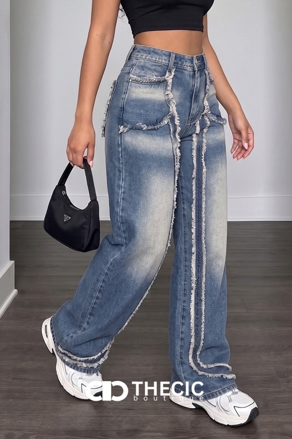 Washed Denim Distressed Seam Wide-Leg Jeans