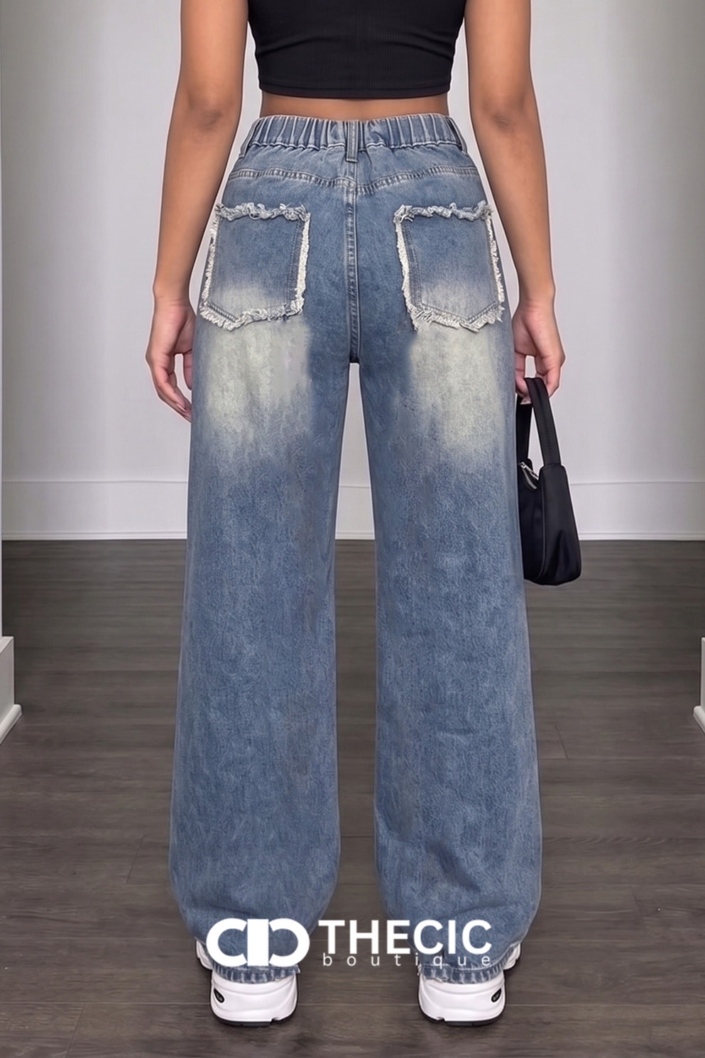 Washed Denim Distressed Seam Wide-Leg Jeans