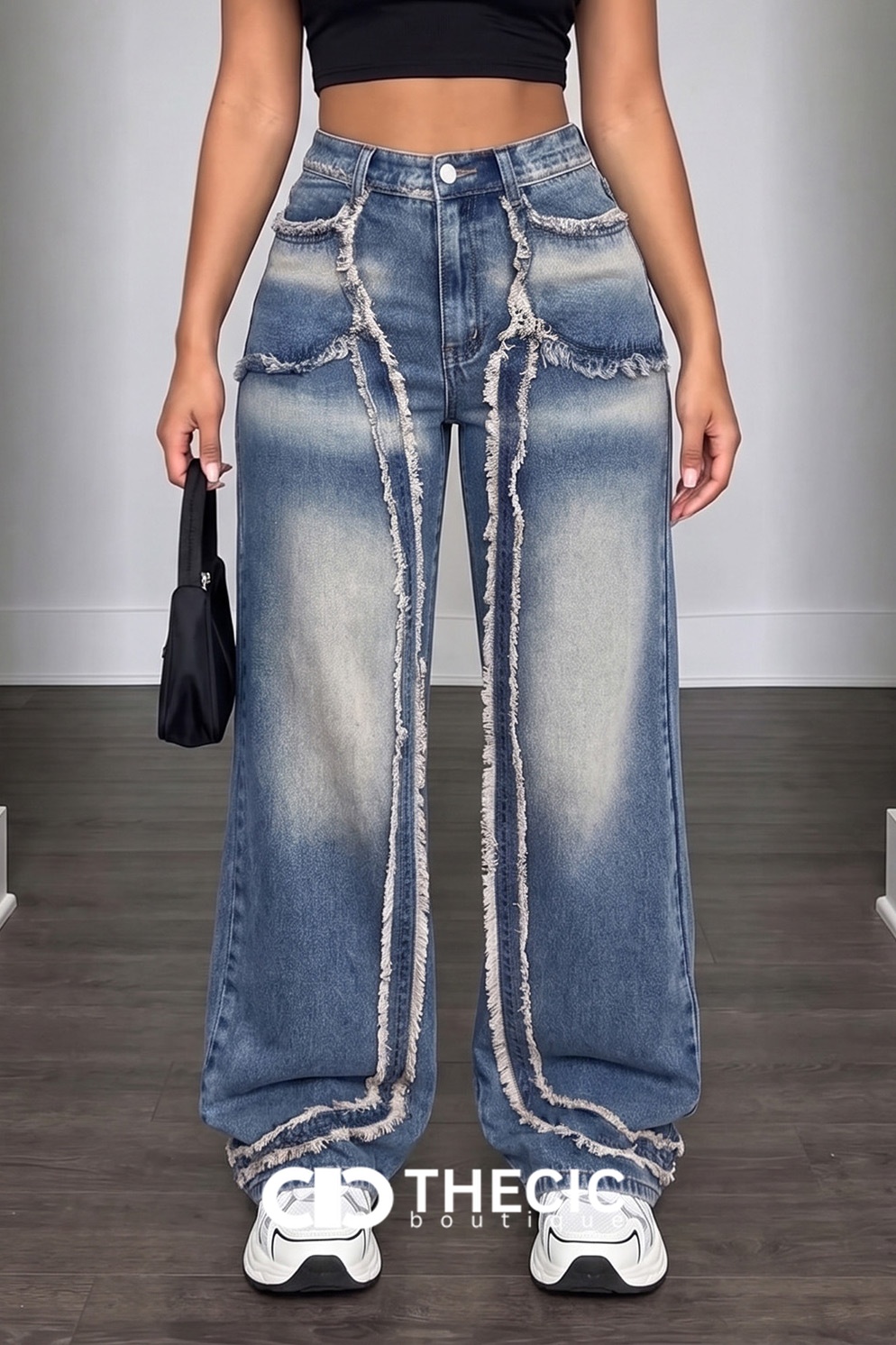 Washed Denim Distressed Seam Wide-Leg Jeans