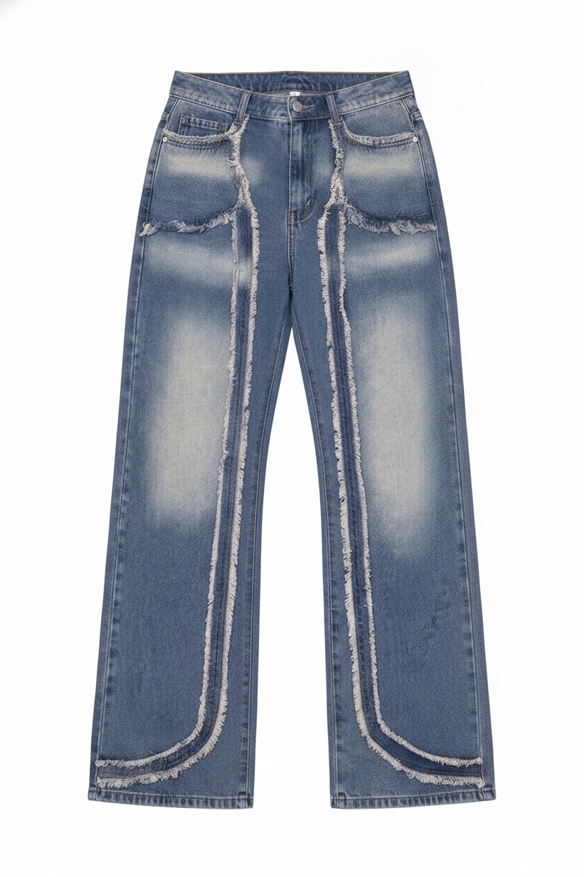 Washed Denim Distressed Seam Wide-Leg Jeans