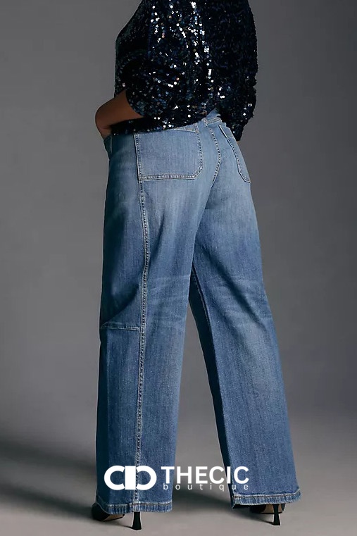 Washed Denim Paneled High-Waisted Wide-Leg Pants