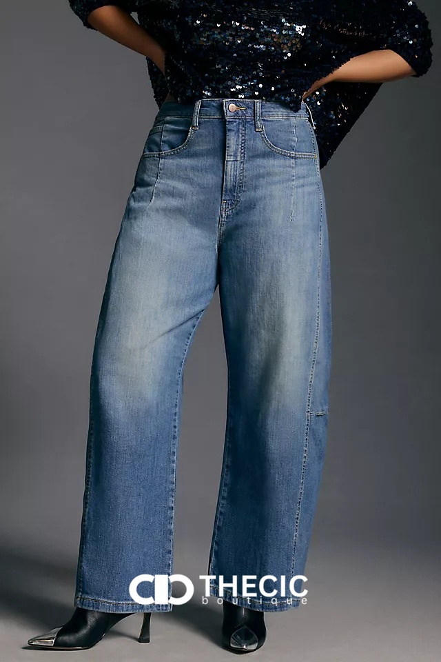 Washed Denim Paneled High-Waisted Wide-Leg Pants