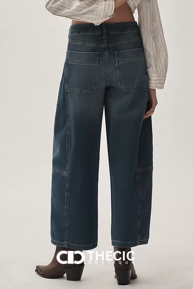 Washed Denim Paneled High-Waisted Wide-Leg Pants
