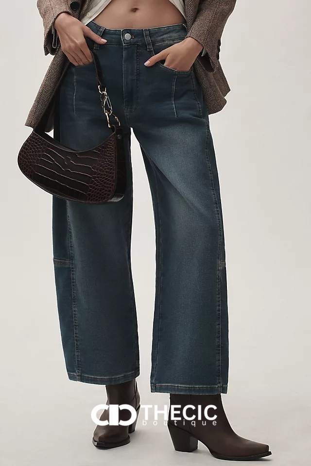 Washed Denim Paneled High-Waisted Wide-Leg Pants