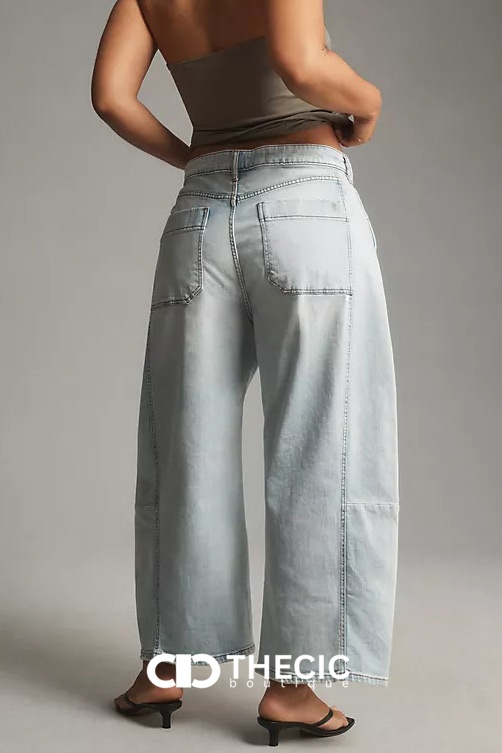 Washed Denim Paneled High-Waisted Wide-Leg Pants