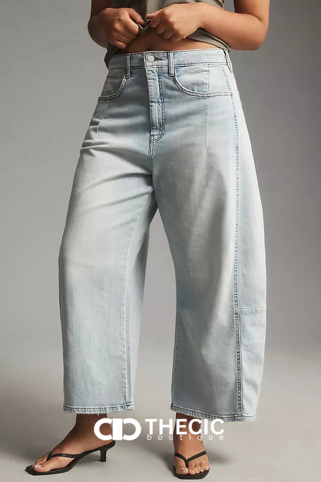 Washed Denim Paneled High-Waisted Wide-Leg Pants
