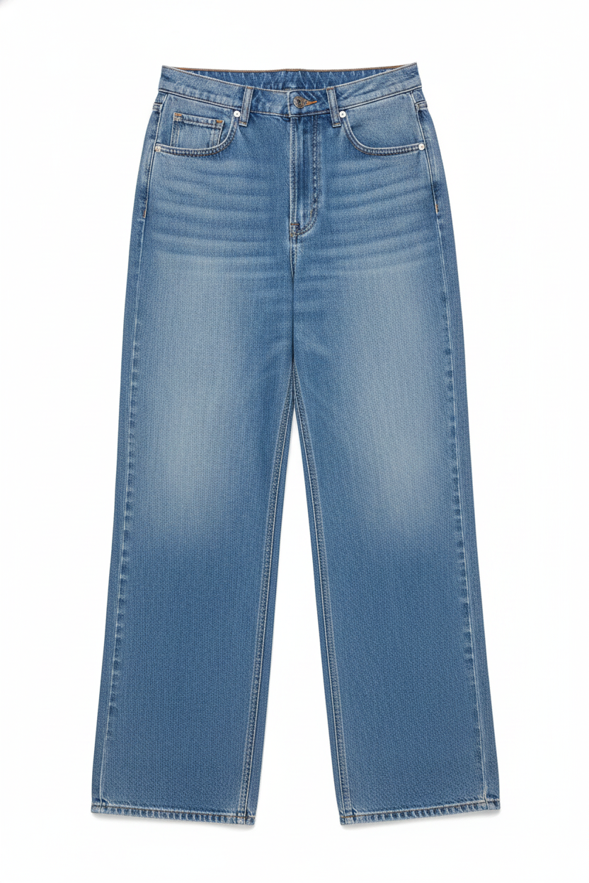 Washed Denim Paneled High-Waisted Wide-Leg Pants