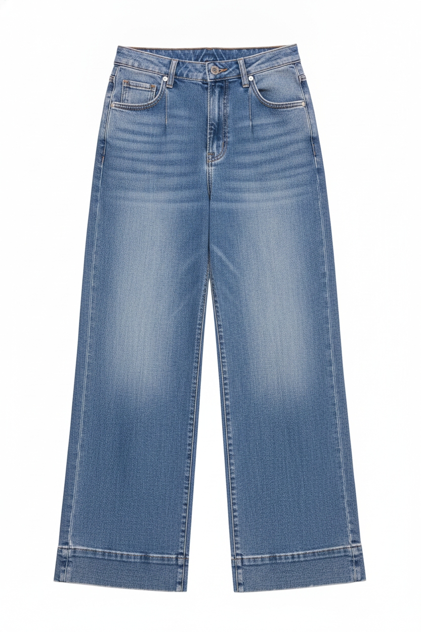 Washed Denim Pleated Wide-Leg Jeans
