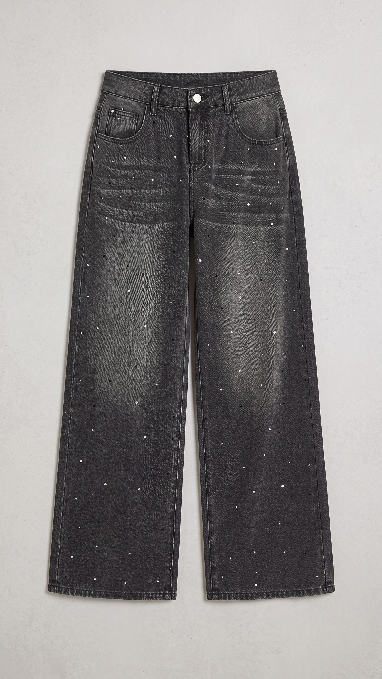 Washed Denim Rhinestone Embellished Wide-Leg Jeans