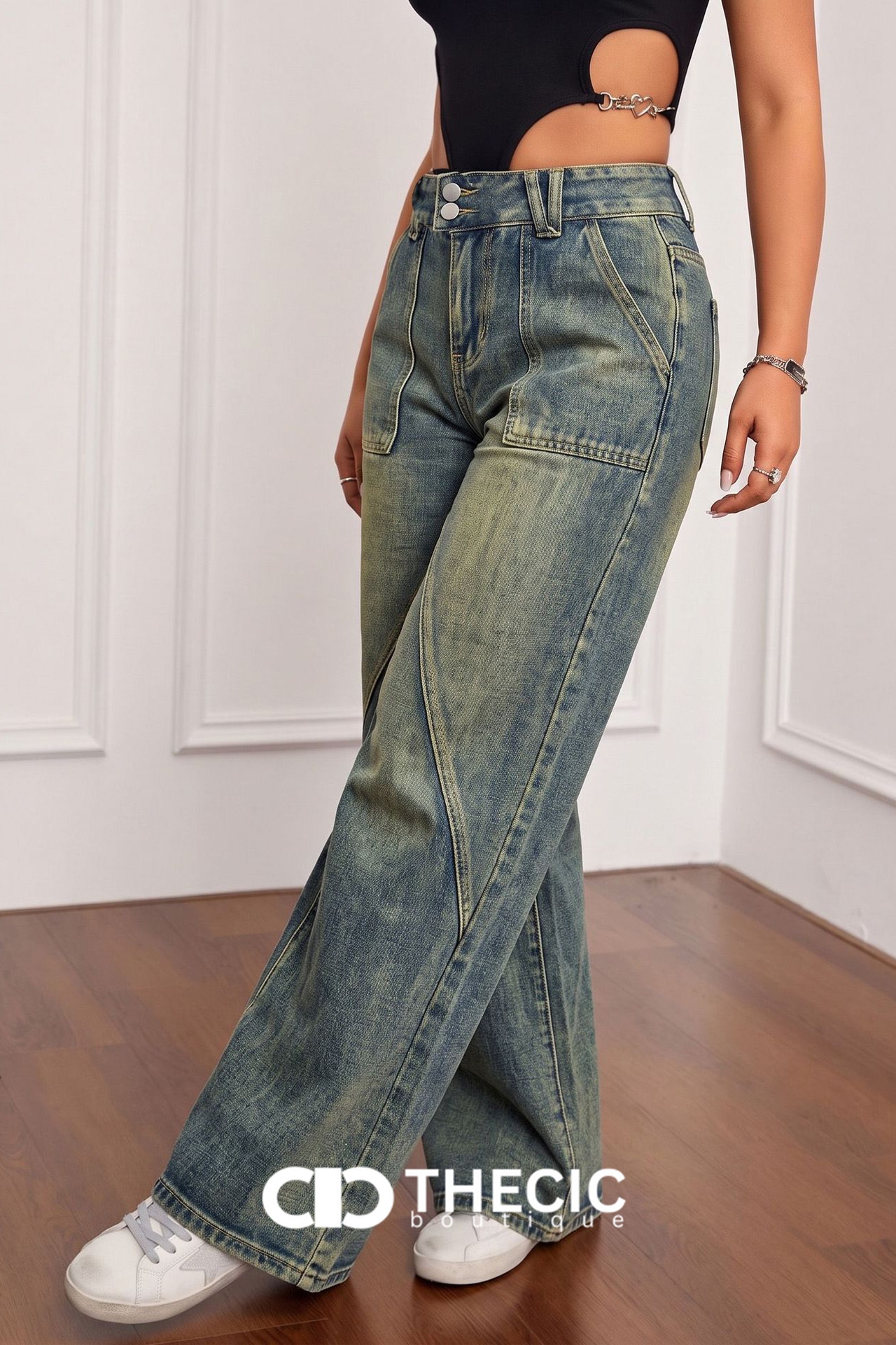 Washed Denim Wide-Leg Cargo Jeans