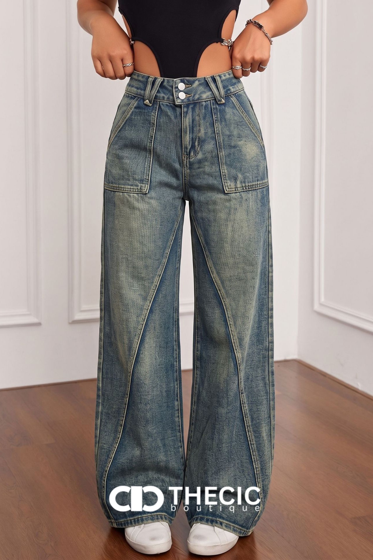 Washed Denim Wide-Leg Cargo Jeans