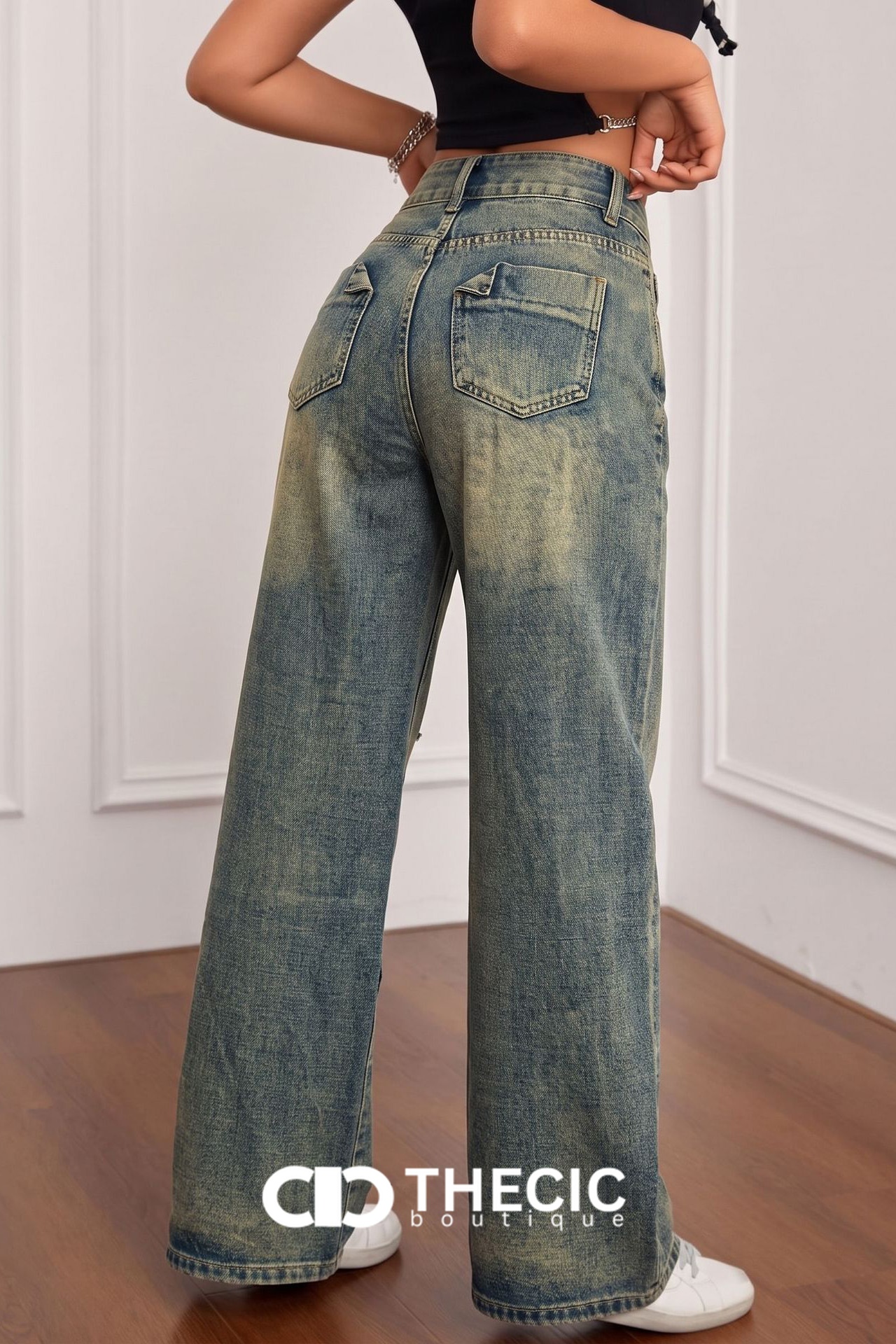 Washed Denim Wide-Leg Cargo Jeans