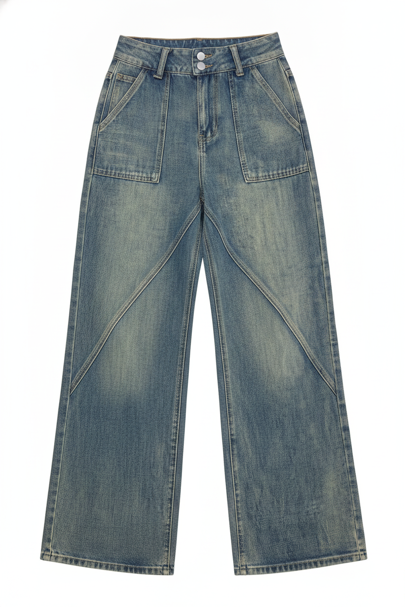 Washed Denim Wide-Leg Cargo Jeans
