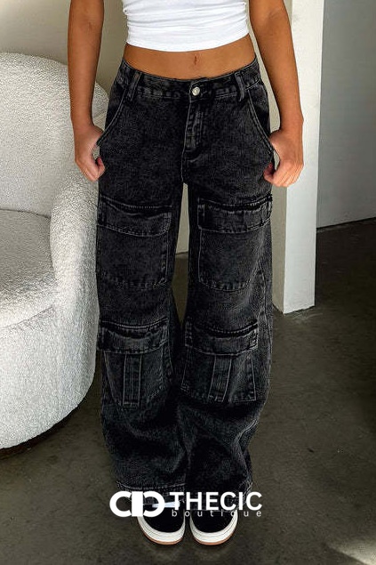 Washed Denim Wide Leg Cargo Pants