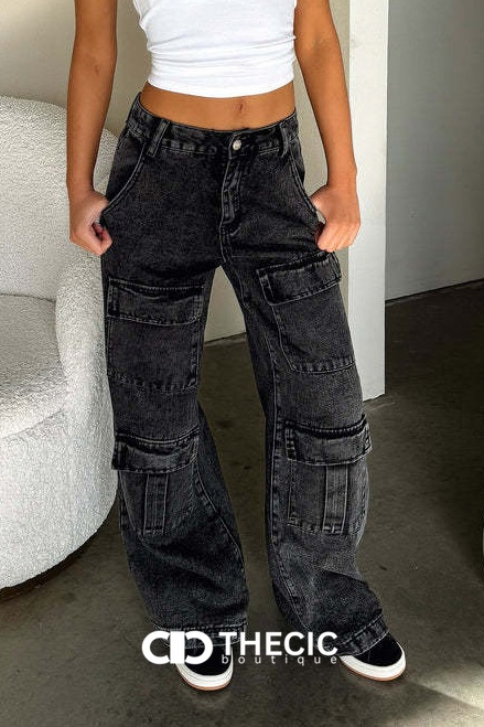Washed Denim Wide Leg Cargo Pants