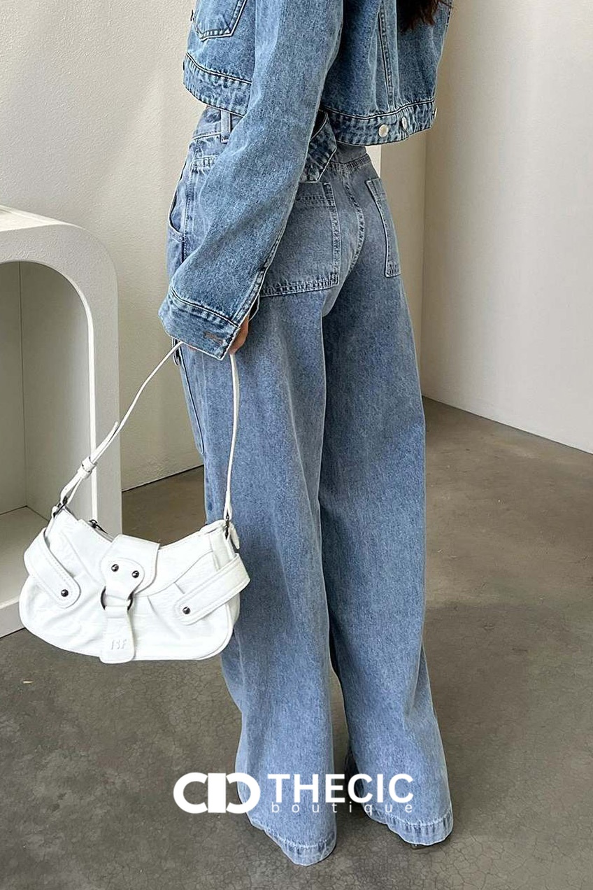 Washed Denim Wide Leg Cargo Pants