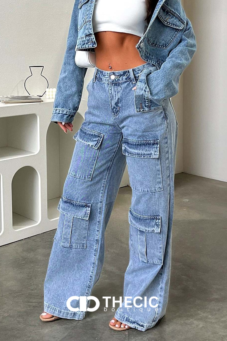 Washed Denim Wide Leg Cargo Pants
