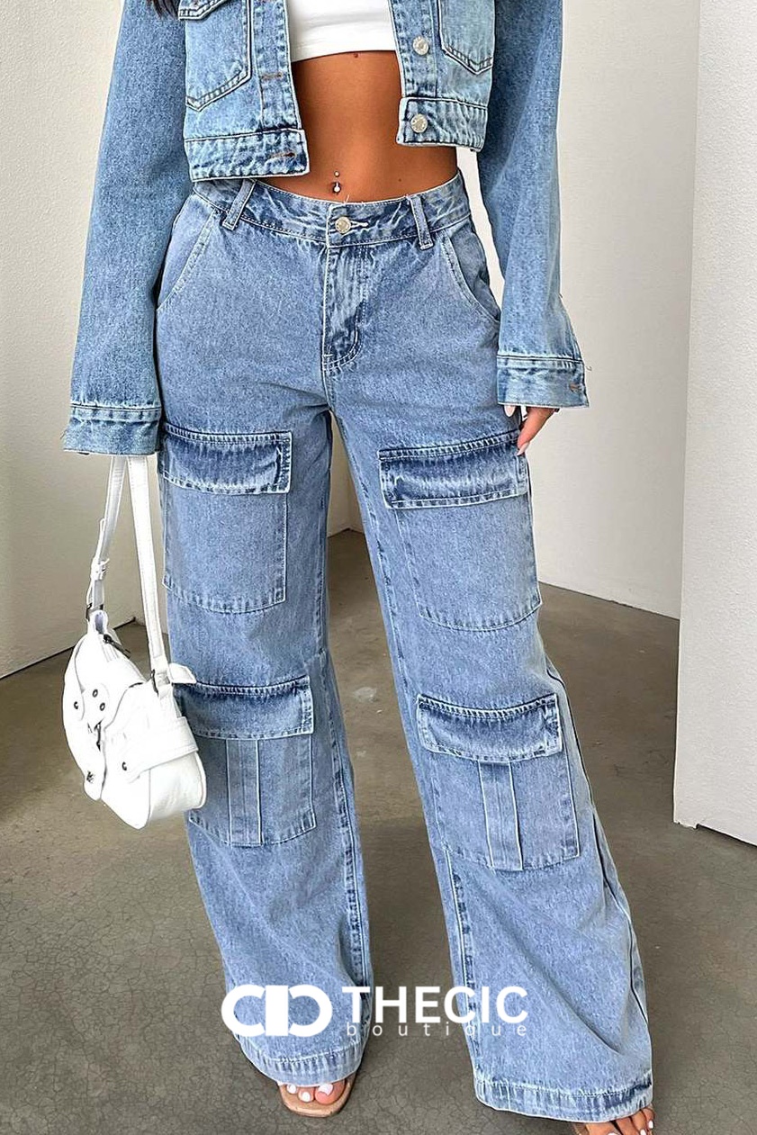 Washed Denim Wide Leg Cargo Pants
