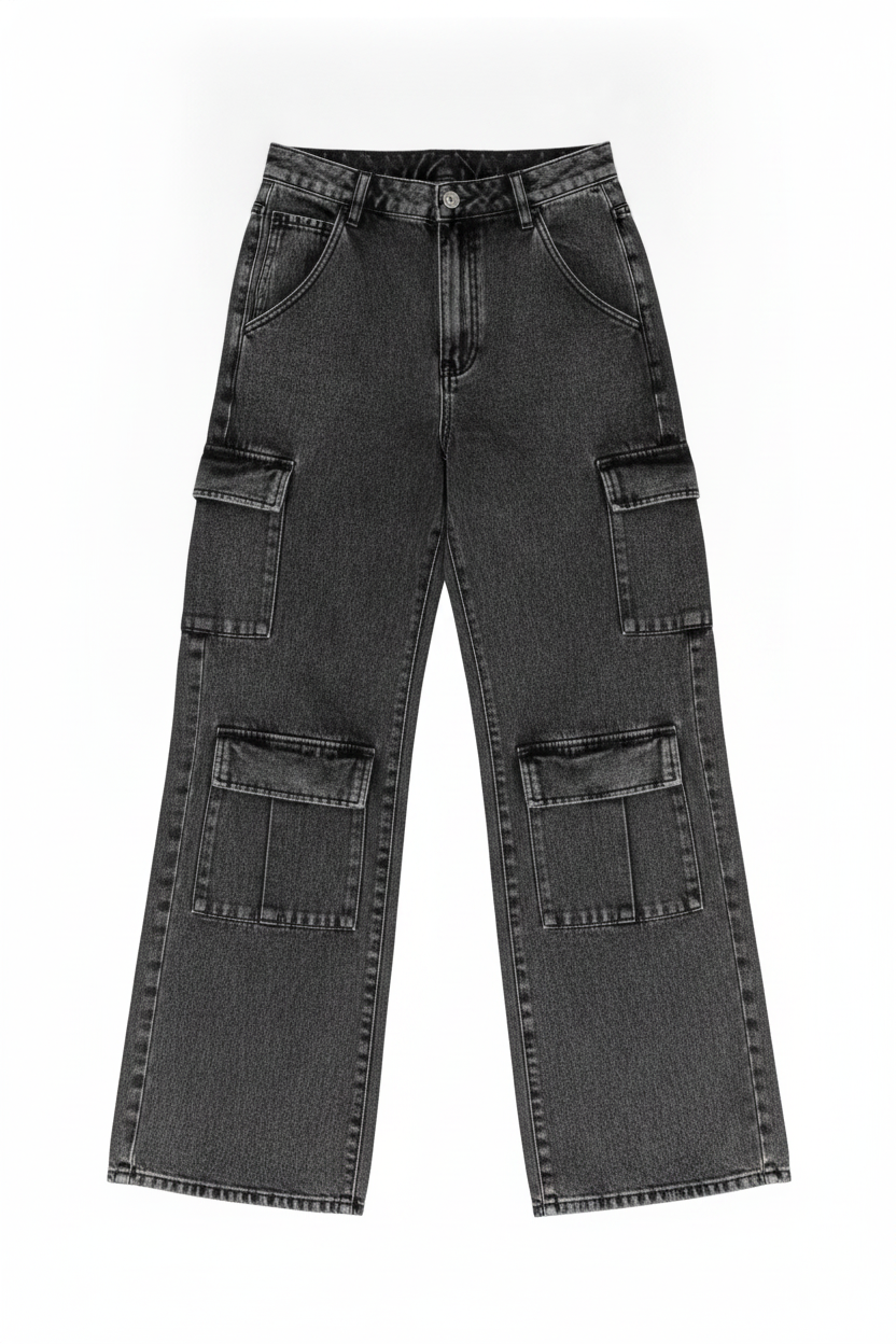 Washed Denim Wide Leg Cargo Pants