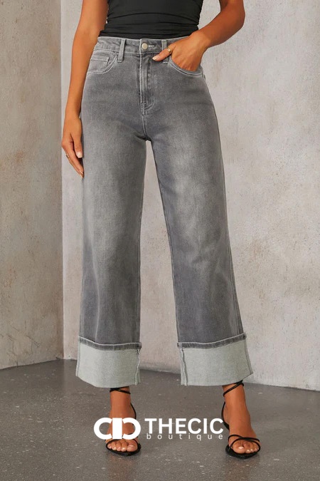 Washed Gray Cuffed Hem Wide Leg Jeans