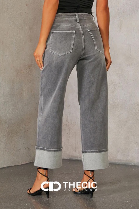 Washed Gray Cuffed Hem Wide Leg Jeans
