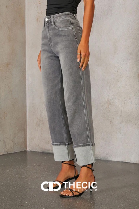 Washed Gray Cuffed Hem Wide Leg Jeans