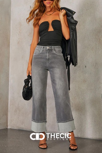 Washed Gray Cuffed Hem Wide Leg Jeans
