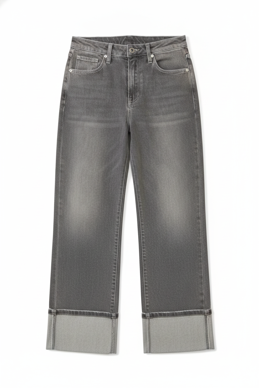 Washed Gray Cuffed Hem Wide Leg Jeans